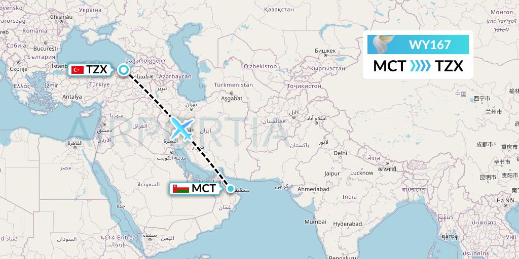 WY167 Oman Air Flight Map: Muscat to Trabzon
