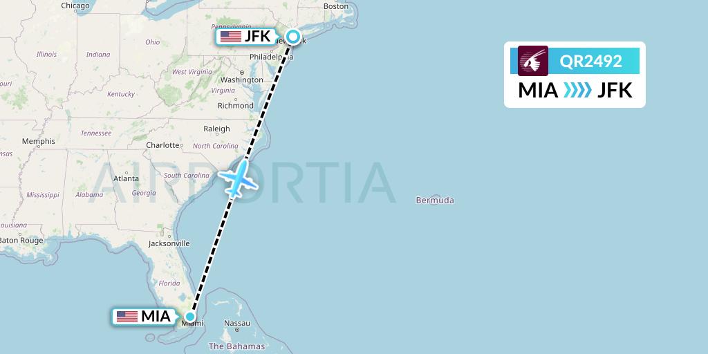 QR2492 Qatar Airways Flight Map: Miami to New York