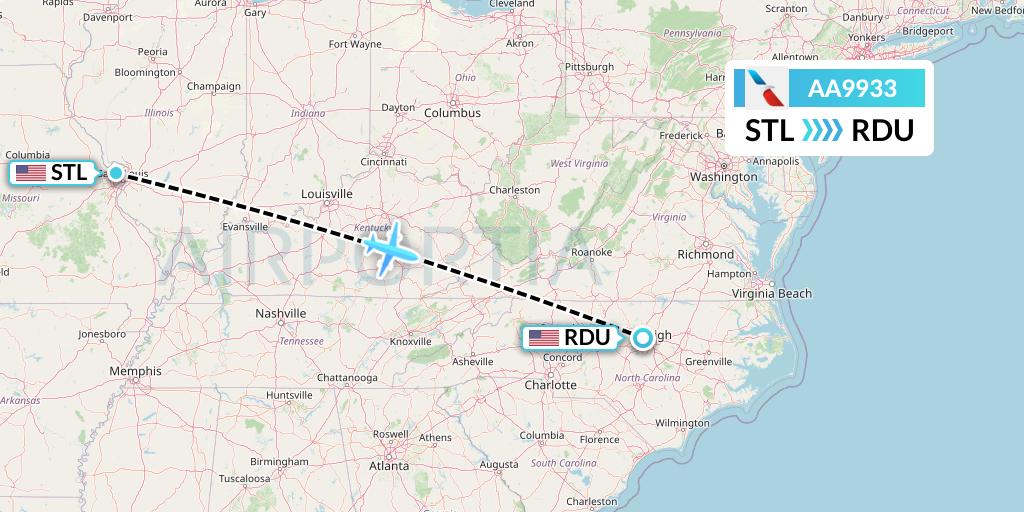 AA9933 American Airlines Flight Map: St. Louis to Raleigh-Durham