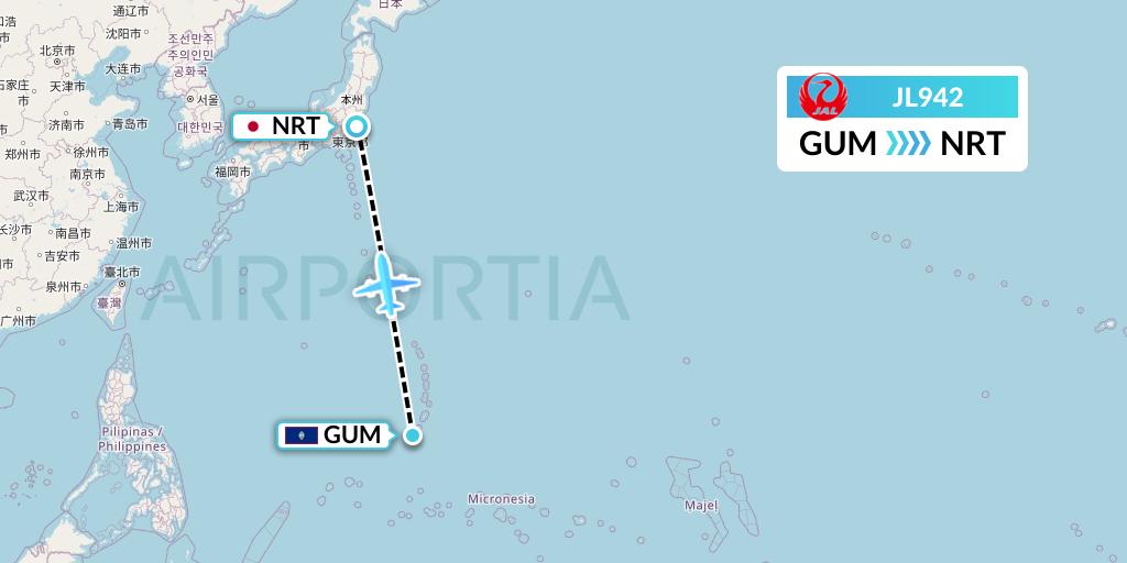 JL942 Japan Airlines Flight Map: Guam to Tokyo