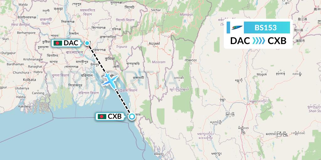 BS153 US-Bangla Airlines Flight Map: Dhaka to Cox's Bazar