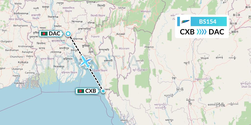 BS154 US-Bangla Airlines Flight Map: Cox's Bazar to Dhaka