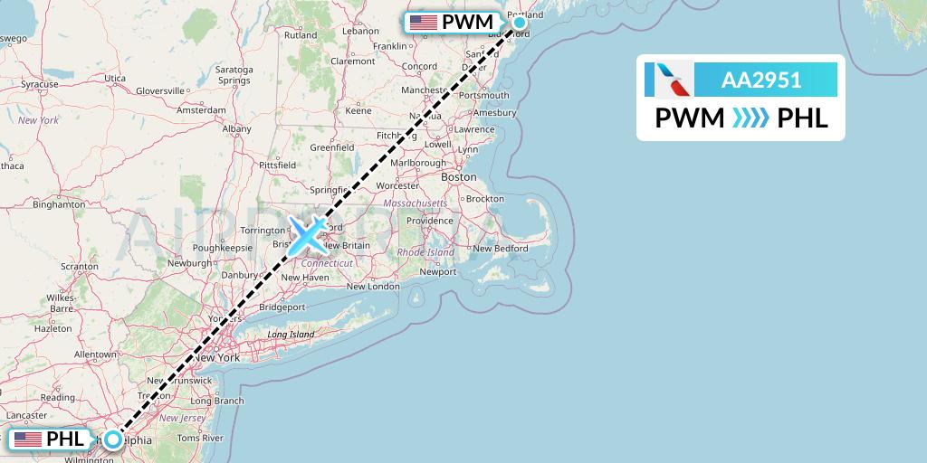 AA2951 American Airlines Flight Map: Portland to Philadelphia