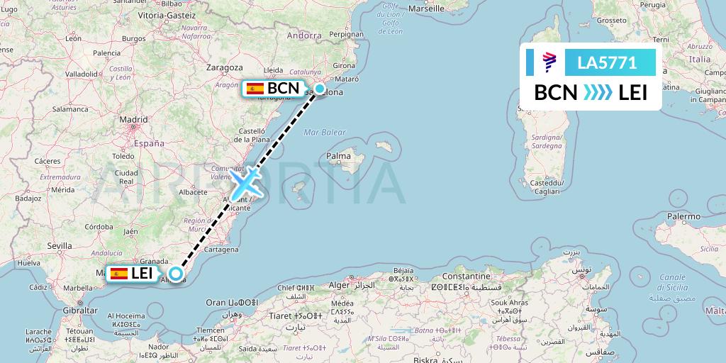LA5771 LAN Airlines Flight Map: Barcelona to Almeria
