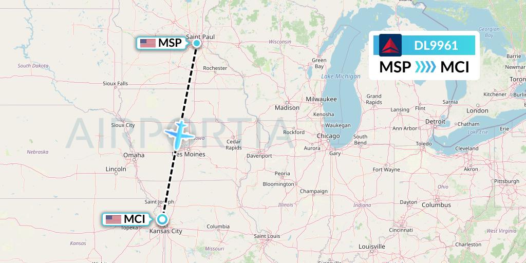 DL9961 Delta Air Lines Flight Map: Minneapolis to Kansas City
