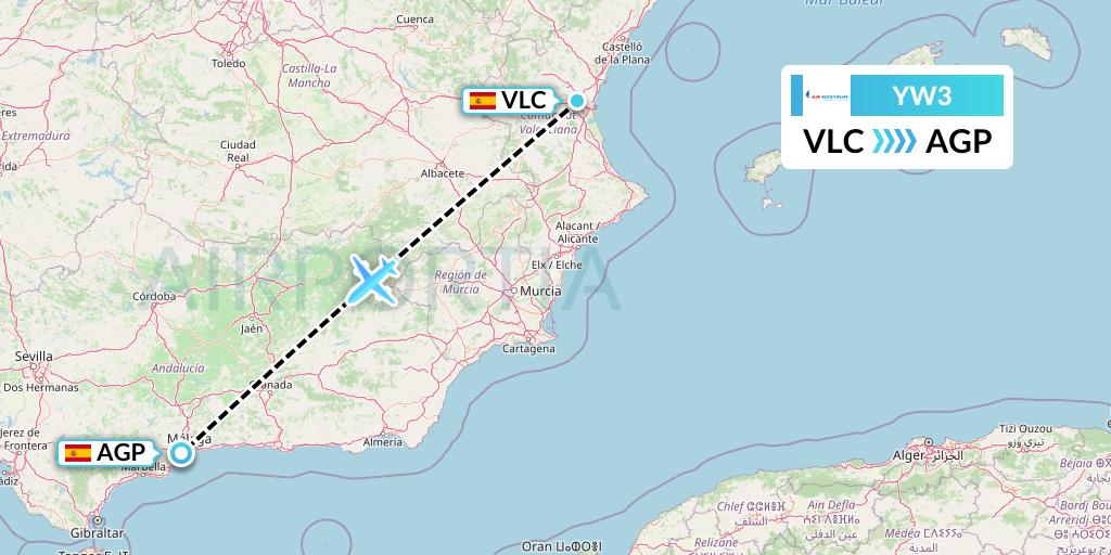 YW3 Air Nostrum Flight Map: Valencia to Malaga