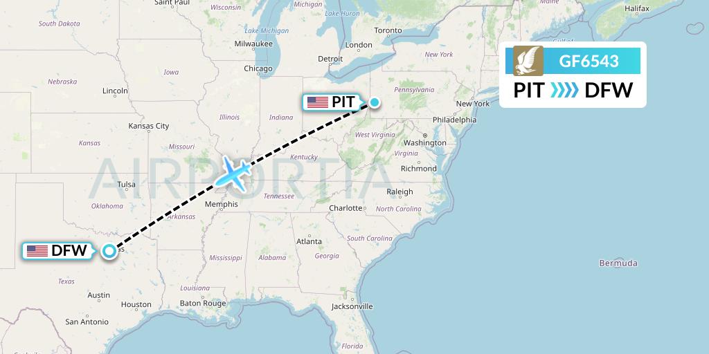 GF6543 Gulf Air Flight Map: Pittsburgh to Dallas