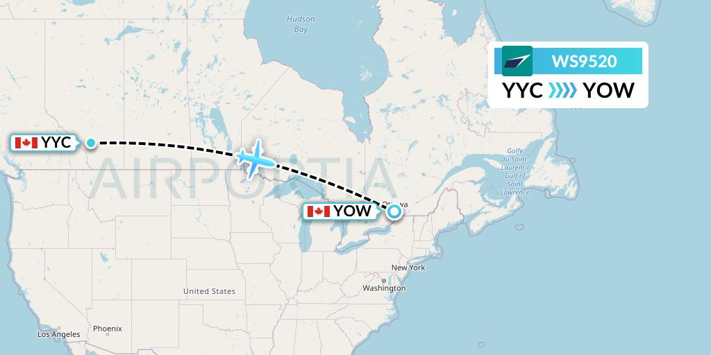 WS9520 WestJet Flight Map: Calgary to Ottawa