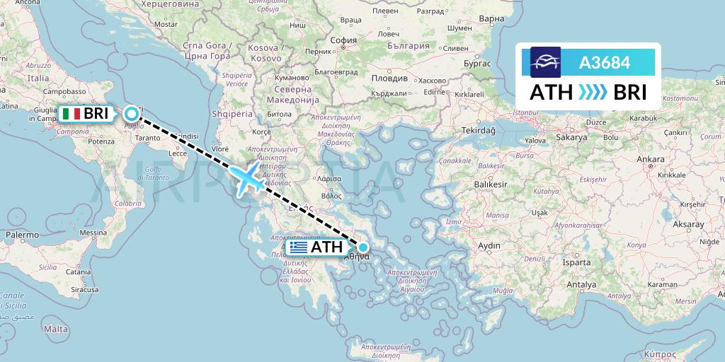 A3684 Aegean Airlines Flight Map: Athens to Bari