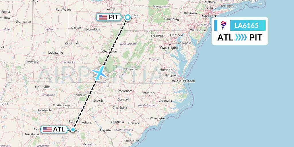 LA6165 LAN Airlines Flight Map: Atlanta to Pittsburgh