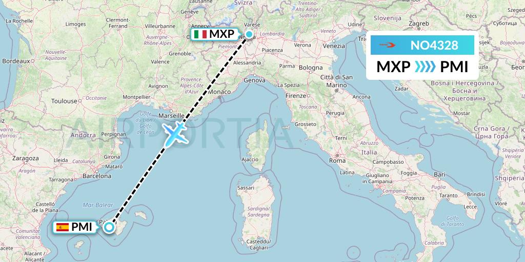 NO4328 Neos Flight Map: Milan to Palma de Mallorca