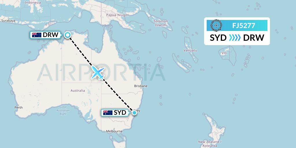 FJ5277 Fiji Airways Flight Map: Sydney to Darwin