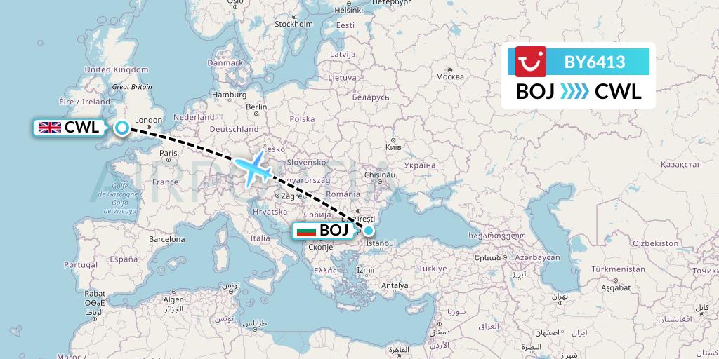 BY6413 TUI Airways Flight Map: Burgas to Cardiff