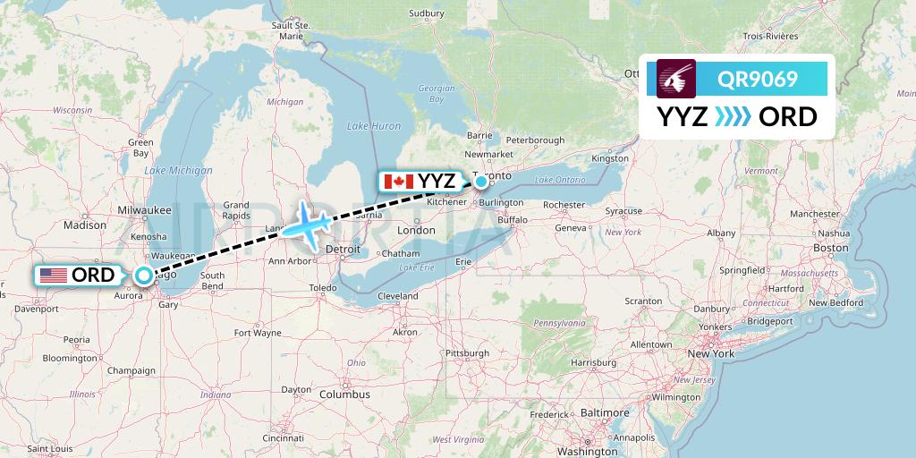 QR9069 Qatar Airways Flight Map: Toronto to Chicago