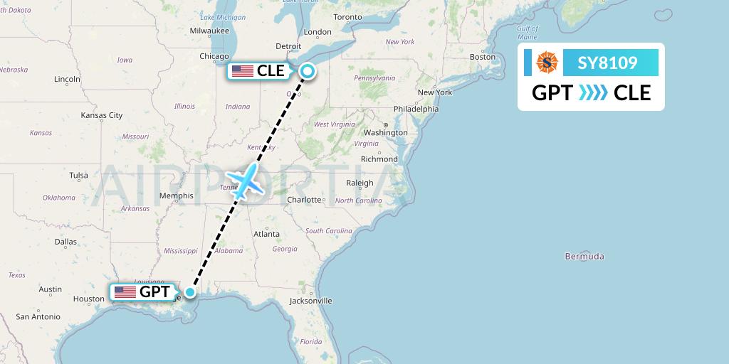 SY8109 Sun Country Airlines Flight Map: Gulfport to Cleveland