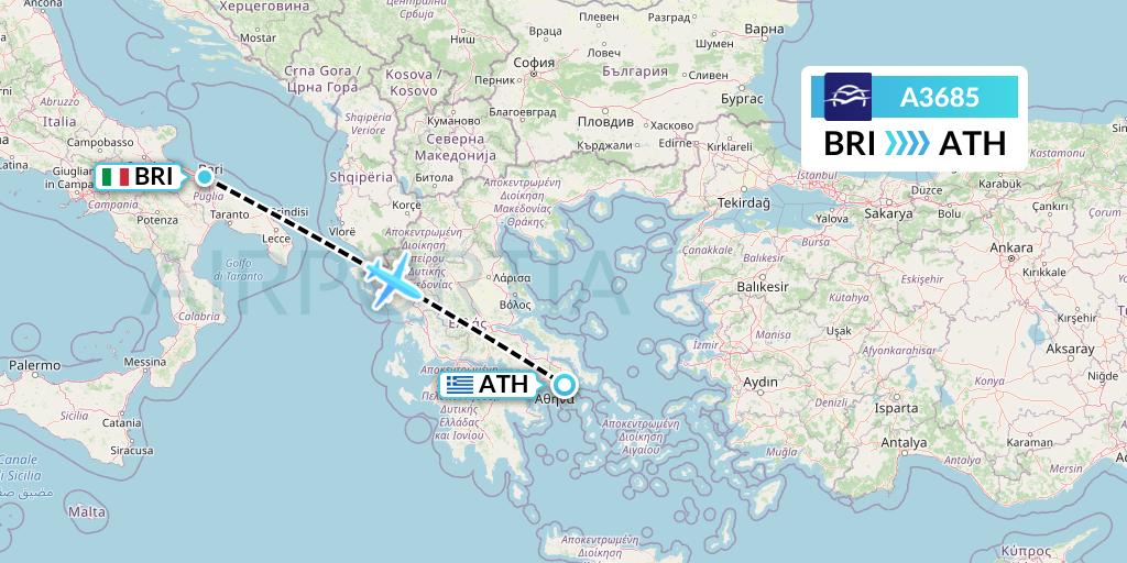 A3685 Aegean Airlines Flight Map: Bari to Athens