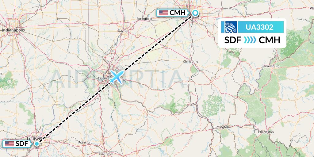 UA3302 United Airlines Flight Map: Louisville to Columbus