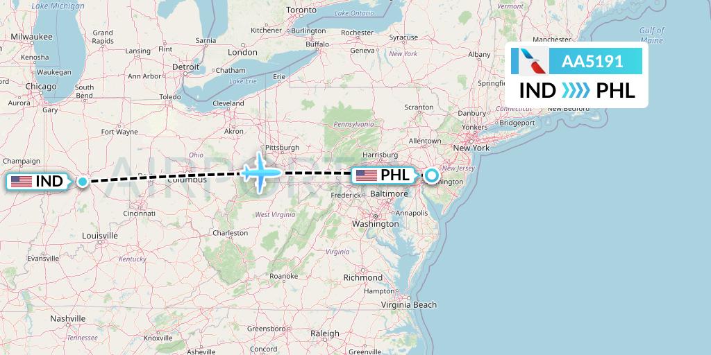AA5191 American Airlines Flight Map: Indianapolis to Philadelphia