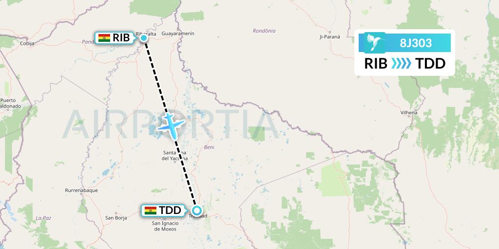 8J303 EcoJet Flight Map: Riberalta to Trinidad