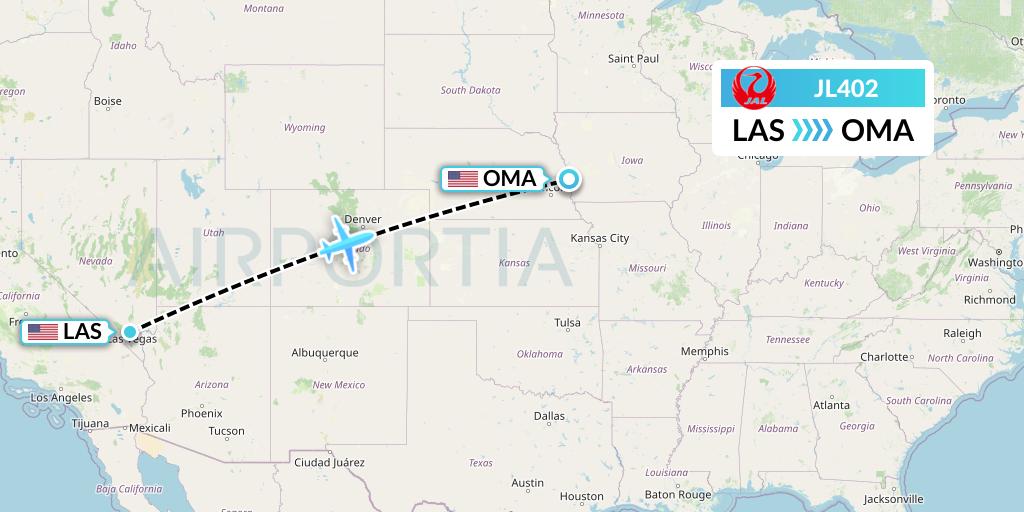 JL402 Japan Airlines Flight Map: Las Vegas to Omaha