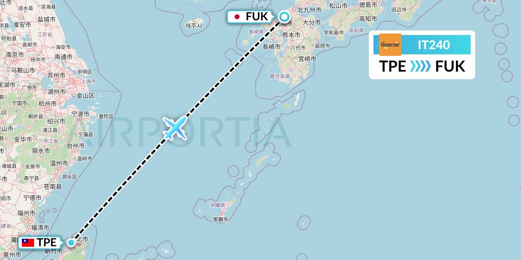 IT240 Tigerair Taiwan Flight Map: Taipei to Fukuoka