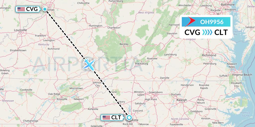 OH9956 PSA Airlines Flight Map: Cincinnati to Charlotte