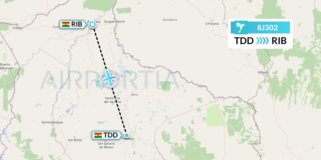 8J302 EcoJet Flight Map: Trinidad to Riberalta
