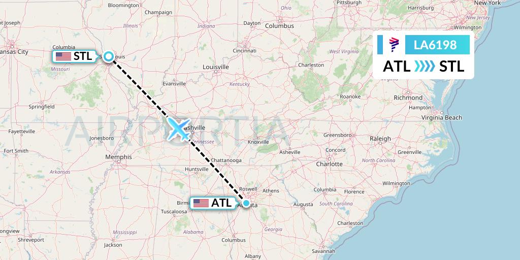 LA6198 LAN Airlines Flight Map: Atlanta to St. Louis