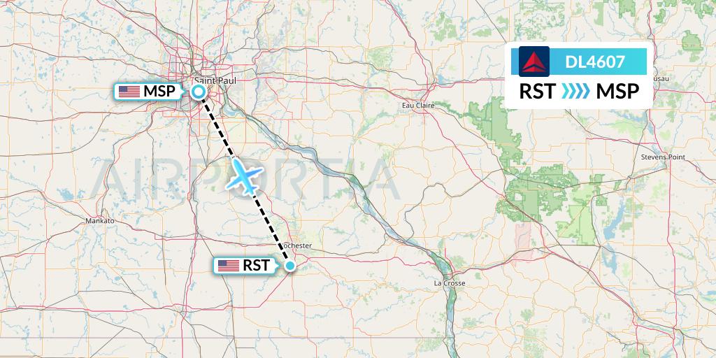 DL4607 Delta Air Lines Flight Map: Rochester to Minneapolis