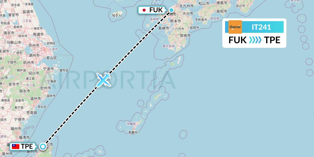 IT241 Tigerair Taiwan Flight Map: Fukuoka to Taipei