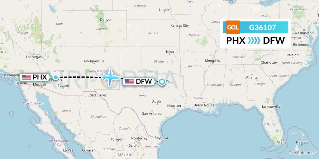 G36107 GOL Transportes Aeros Flight Map: Phoenix to Dallas