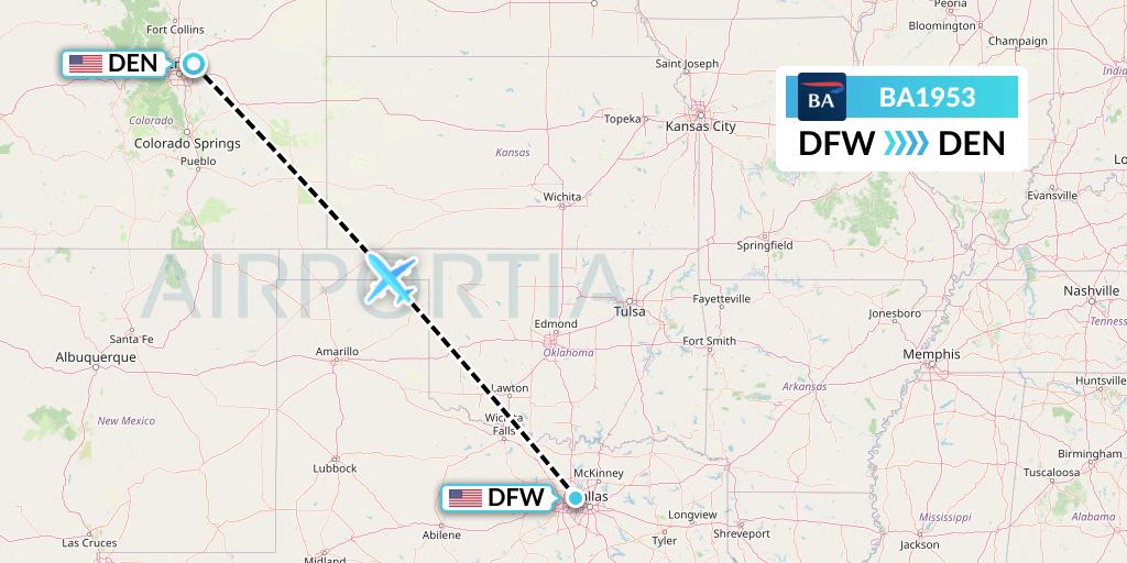 BA1953 British Airways Flight Map: Dallas to Denver