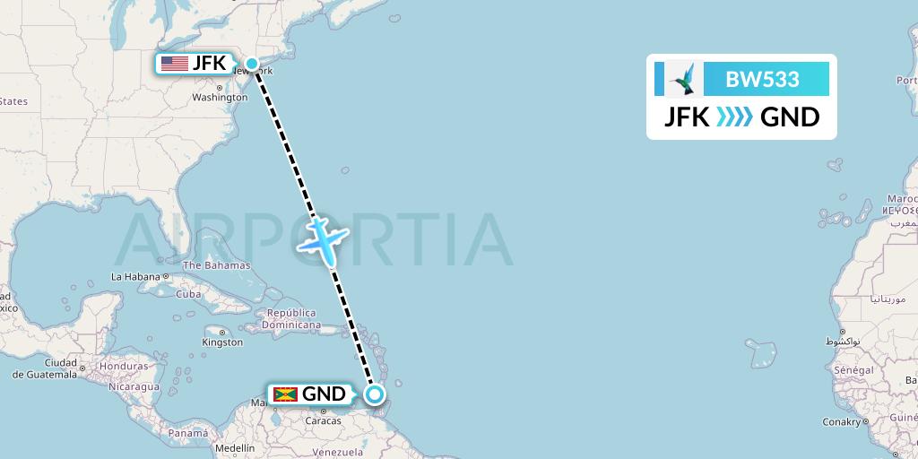 BW533 Caribbean Airlines Flight Map: New York to Point Salines