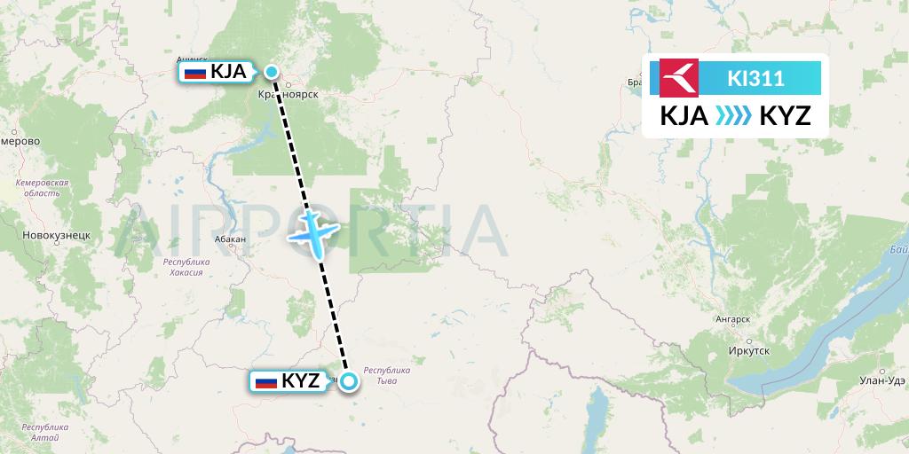 KI311 Krasavia Flight Map: Krasnoyarsk to Kyzyl