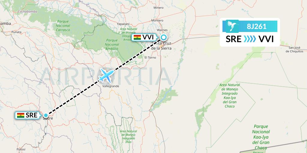8J261 EcoJet Flight Map: Sucre to Santa Cruz