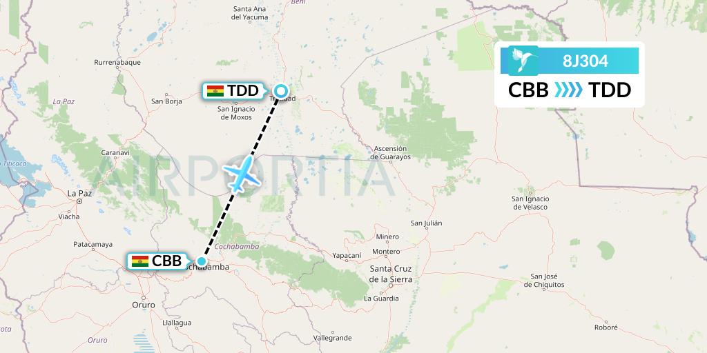 8J304 EcoJet Flight Map: Cochabamba to Trinidad