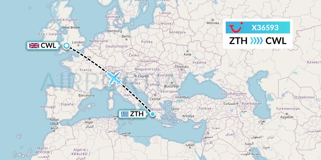 X36593 TUI fly Germany Flight Map: Zakynthos to Cardiff