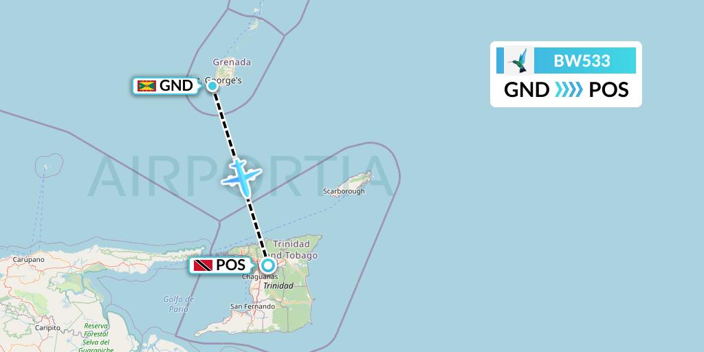 BW533 Caribbean Airlines Flight Map: Point Salines to Port of Spain