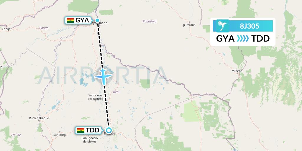 8J305 EcoJet Flight Map: Guayaramerin to Trinidad
