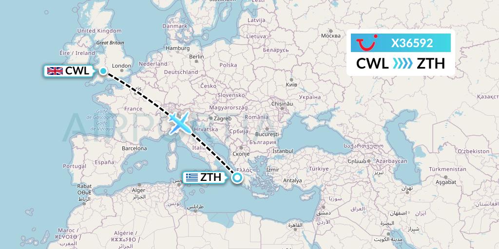 X36592 TUI fly Germany Flight Map: Cardiff to Zakynthos