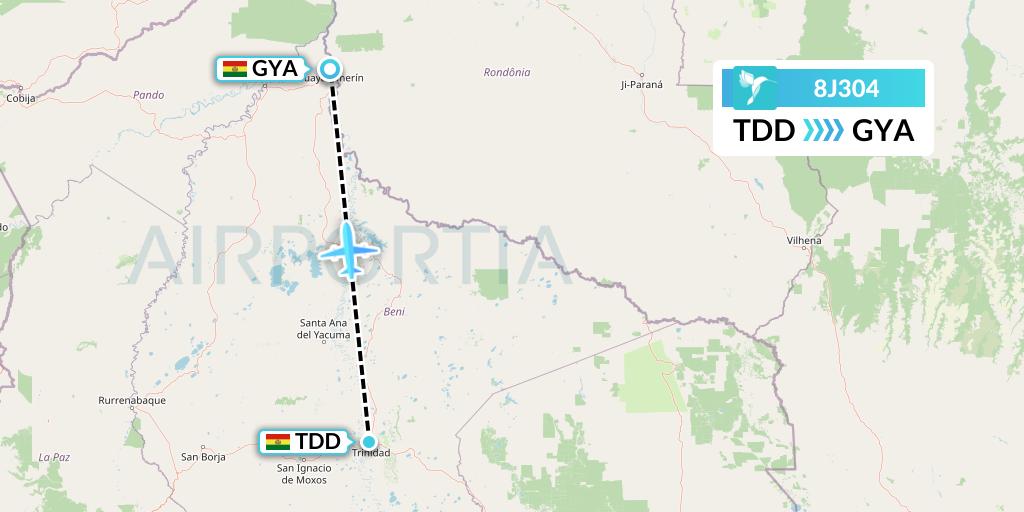 8J304 EcoJet Flight Map: Trinidad to Guayaramerin