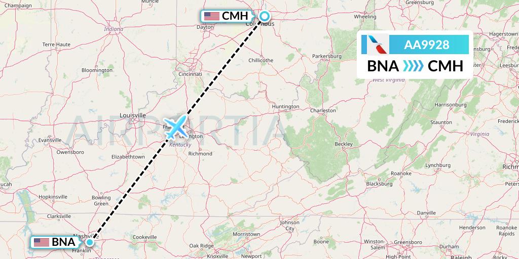AA9928 American Airlines Flight Map: Nashville to Columbus