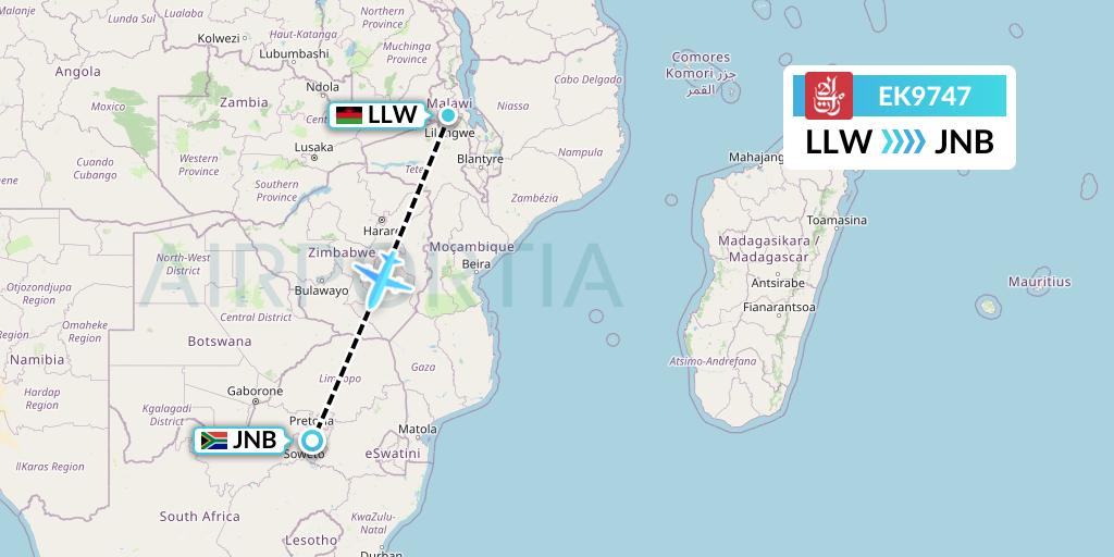 EK9747 Emirates Flight Map: Lilongwe to Johannesburg