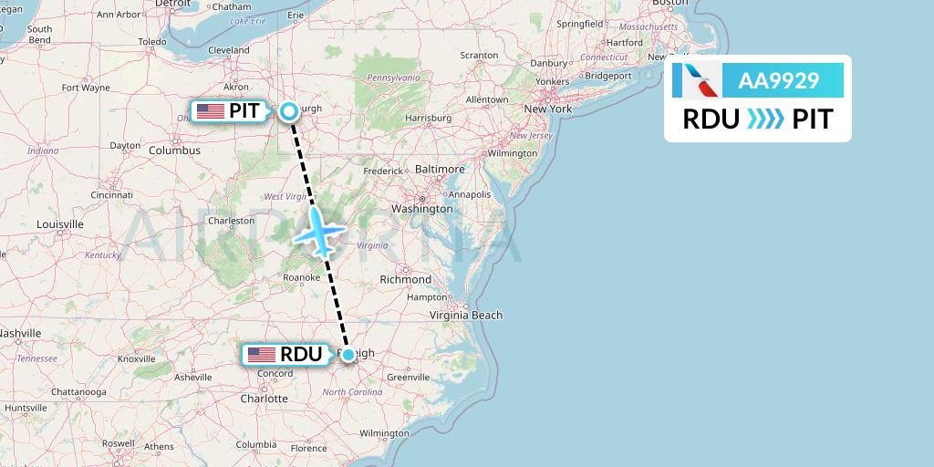 AA9929 American Airlines Flight Map: Raleigh-Durham to Pittsburgh