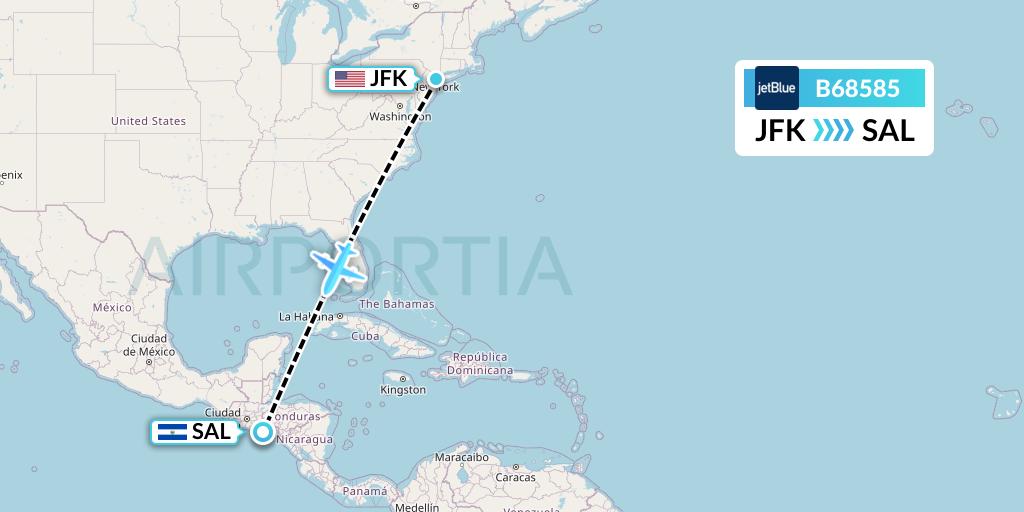 B68585 JetBlue Airways Flight Map: New York to San Salvador