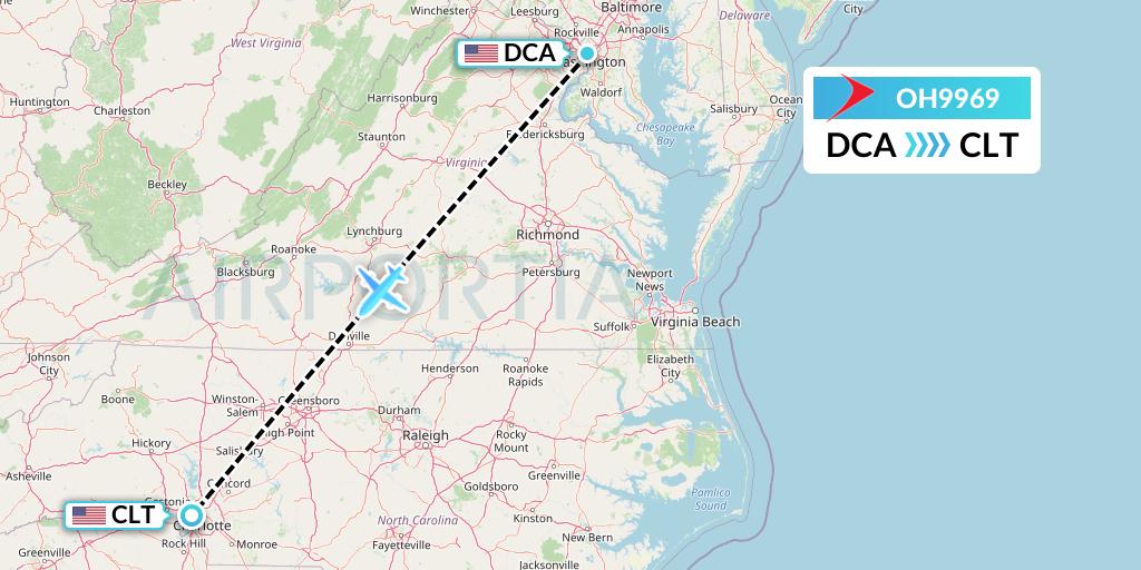 OH9969 PSA Airlines Flight Map: Washington to Charlotte