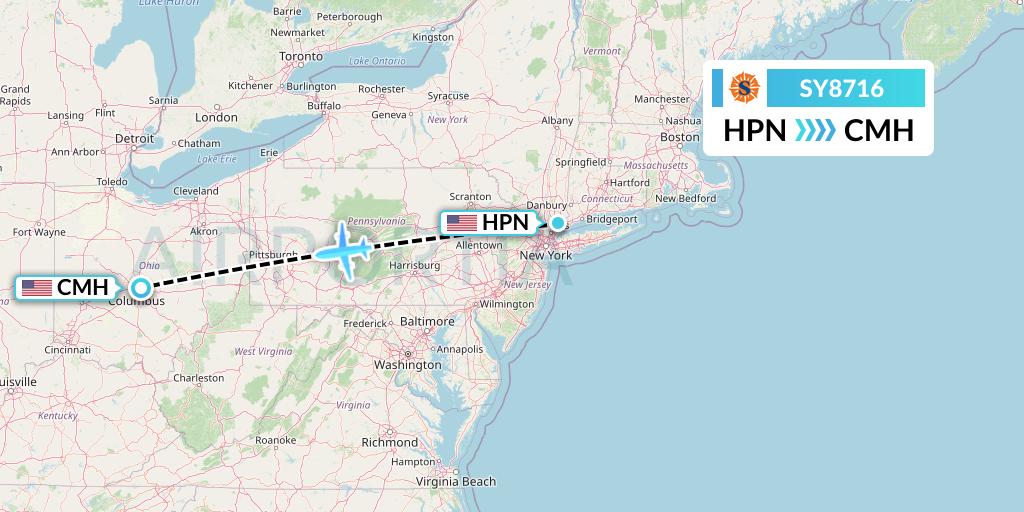 SY8716 Sun Country Airlines Flight Map: White Plains to Columbus