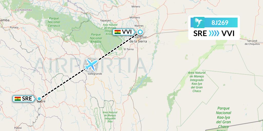 8J269 EcoJet Flight Map: Sucre to Santa Cruz