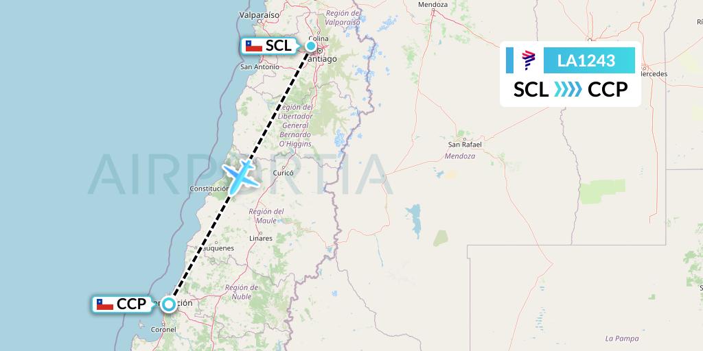 LA1243 LAN Airlines Flight Map: Santiago to Concepcion