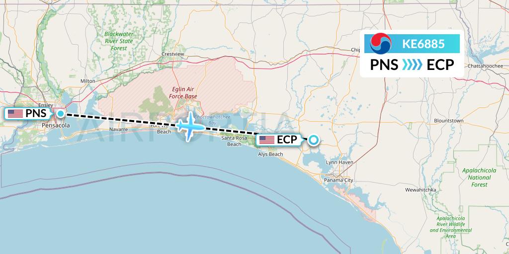 KE6885 Korean Air Flight Map: Pensacola to Panama City